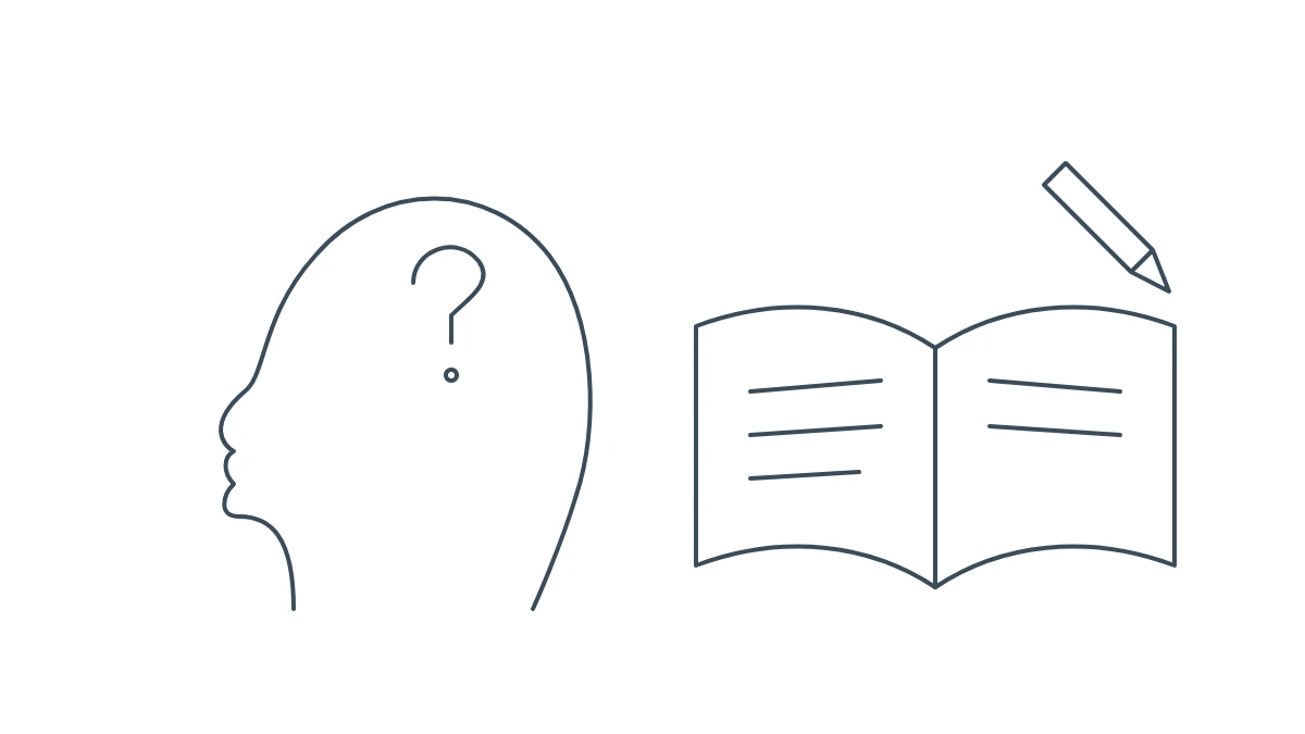Illustrazione a linea: profilo di una testa con un punto di domanda accanto a un libro aperto