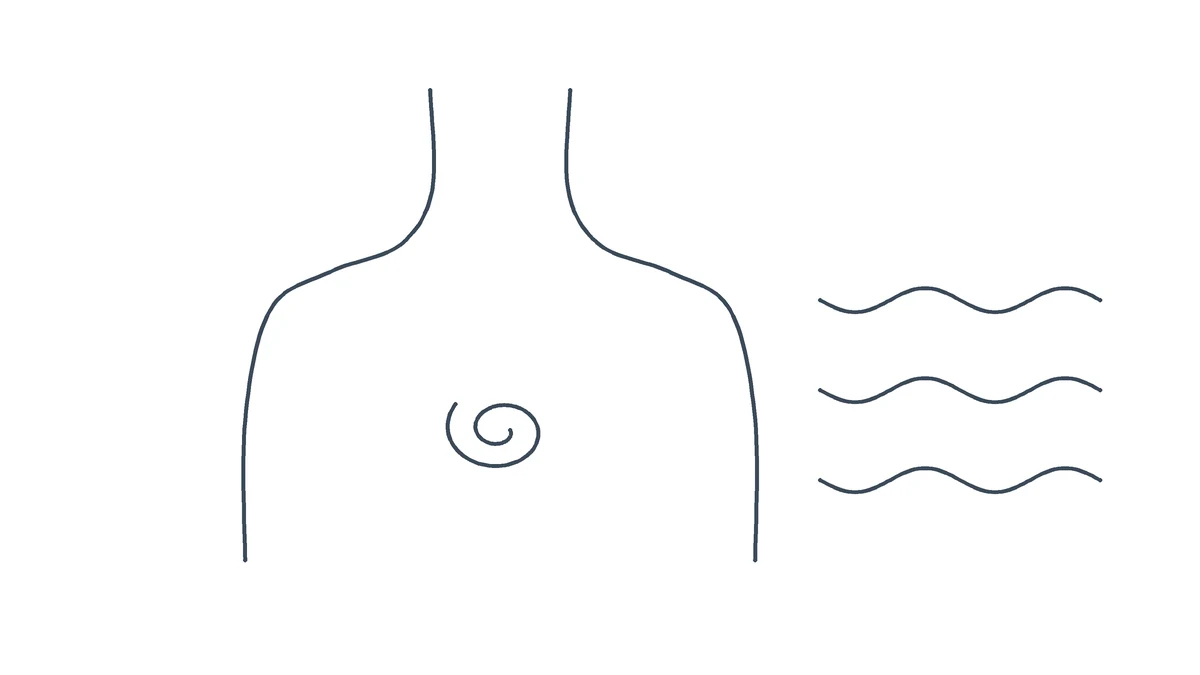 Illustrazione a linea: busto stilizzato con spirale al centro e onde di respiro