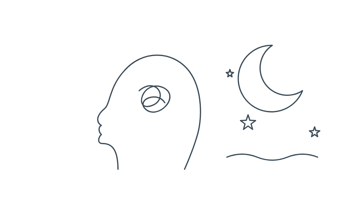 Illustrazione a linea: profilo di una testa con pensieri aggrovigliati, luna e stelle