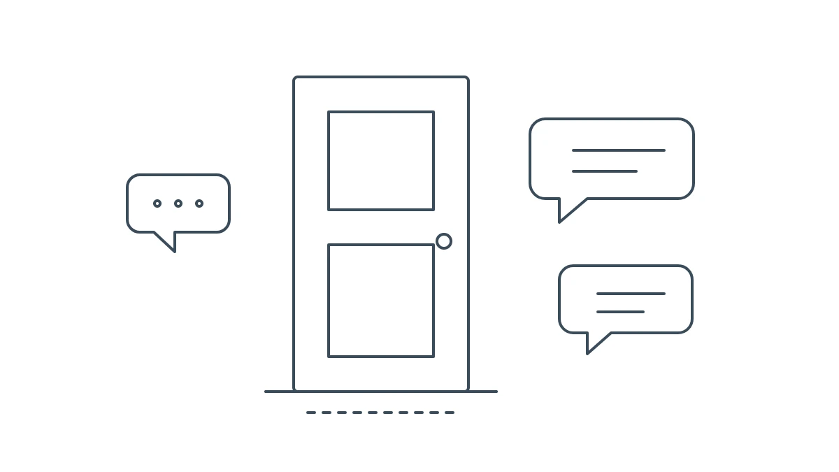 Illustrazione a linea: porta chiusa di una camera con fumetti di dialogo all'esterno