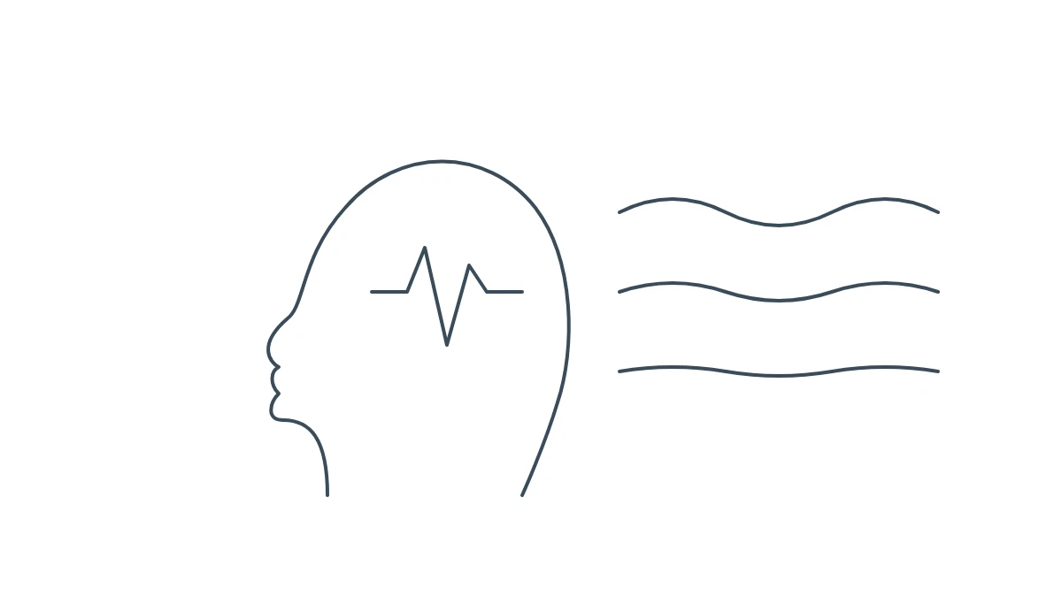 Illustrazione a linea: profilo di una testa con battito cardiaco e onde del respiro