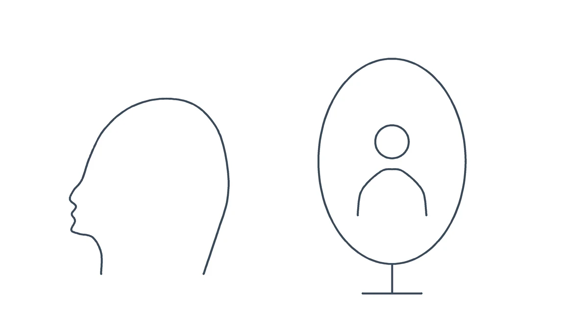 Illustrazione a linea: profilo con una piccola figura riflessa in uno specchio più grande
