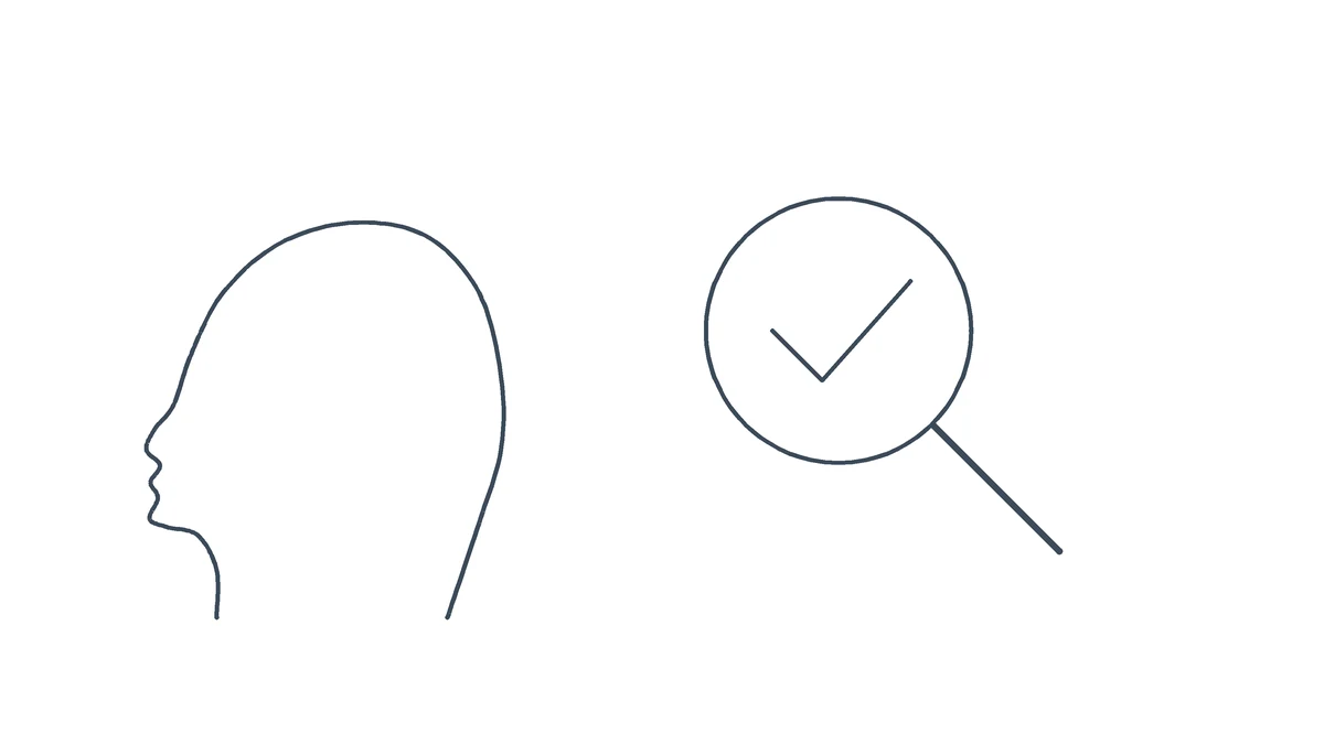 Illustrazione a linea: una lente di ingrandimento su un profilo di testa, con una spunta in alto