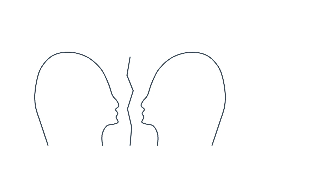 Illustrazione a linea: due profili affiancati con una linea spezzata tra di loro