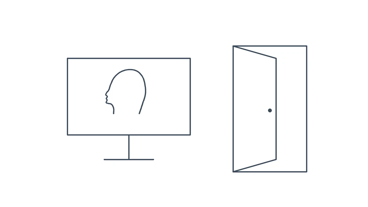 Illustrazione a linea: uno schermo con un profilo e, accanto, una porta aperta di uno studio