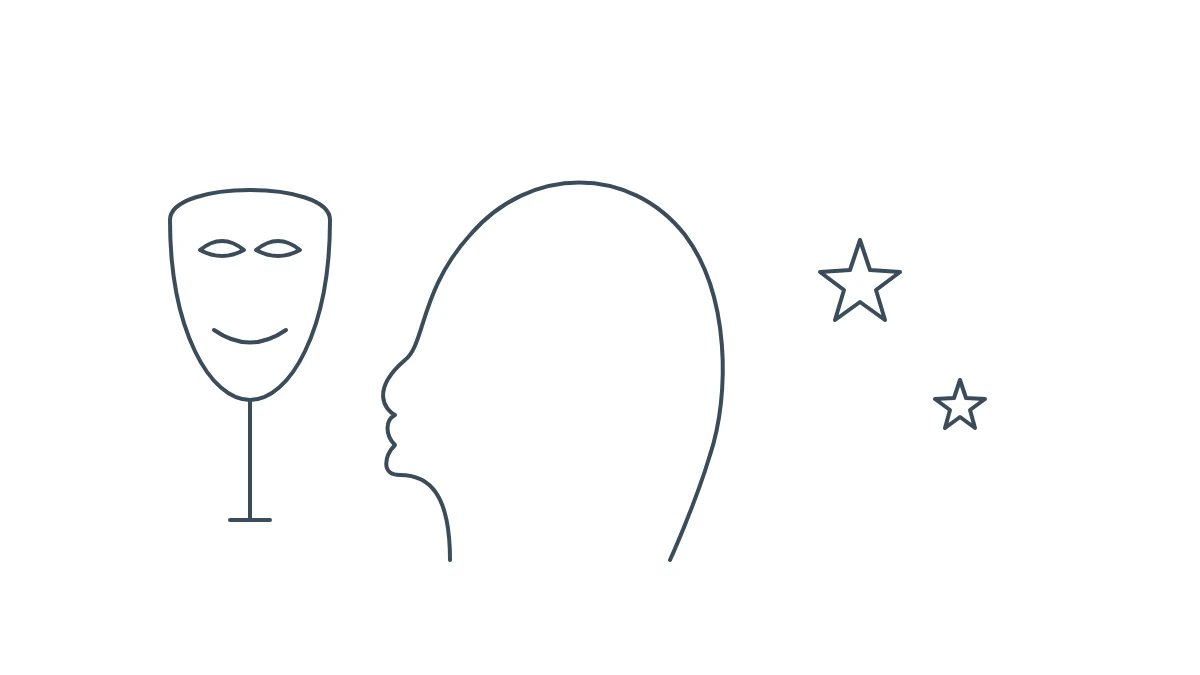 Illustrazione a linea: profilo di una testa che tiene davanti a sé una maschera